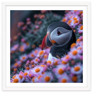 Puffin Bird Among Pink Flowers by Rizwana Khan
