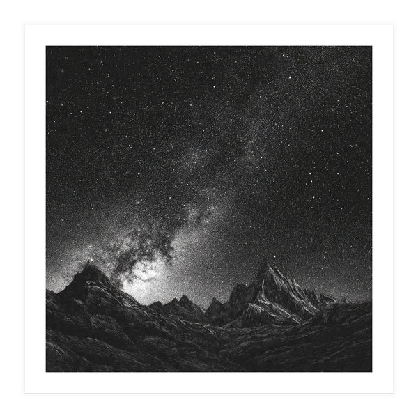 Starlit Mountain Majesty: Detailed Monochrome Milky Way (Print Only)