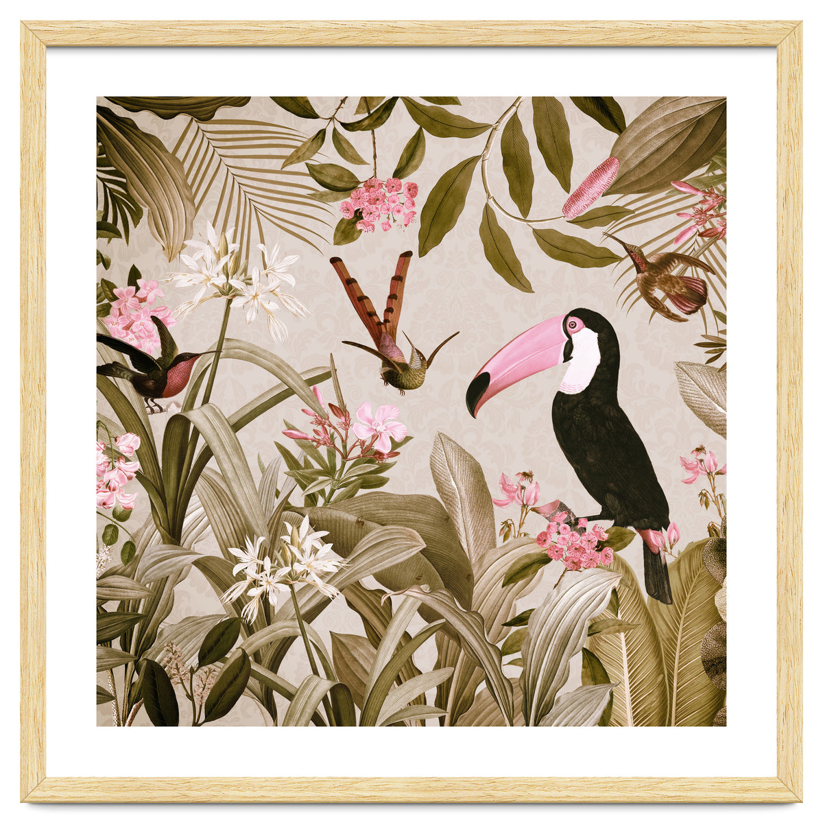 Vintage Exotic Birds Sepia Rainforest Flower Jungle