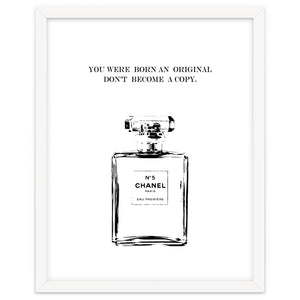 Born Original, Fashion Perfume Bottle Quote Art, Coco Chanel, Chic Decor by neeteshdsgn