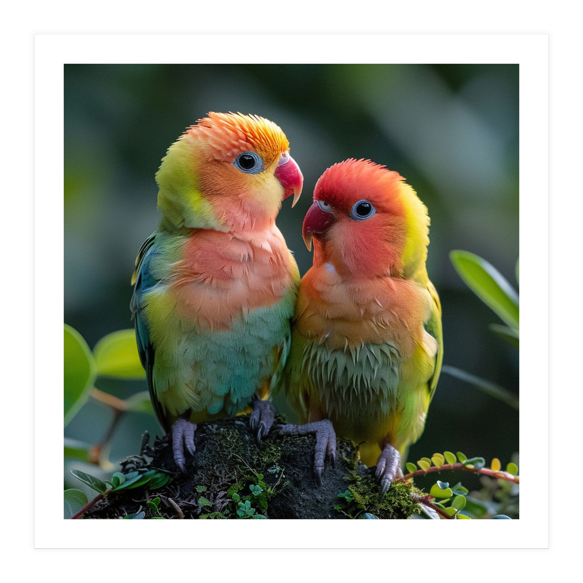 Lovebirds Pair Perched On Mossy Branch Outdoors (Print Only)