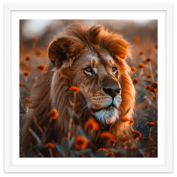 Majestic Lion Resting Among Orange Flowers