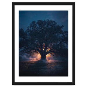 Ancient Mystical Oak Silhouette at Twilight with Ethereal Wisps by artistic