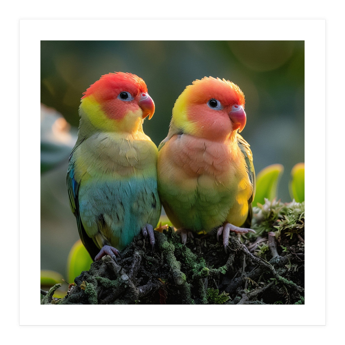 Lovebirds Couple Perched On Mossy Branch Sunlight (Print Only)