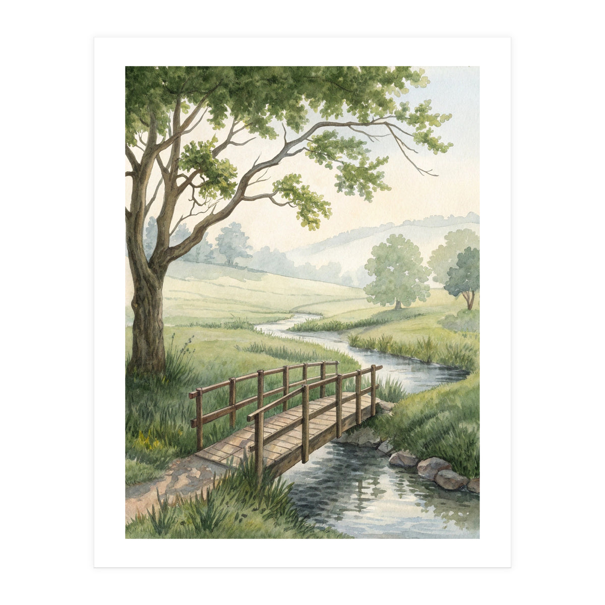 The Quiet Crossing: A Peaceful Meadow Bridge (Print Only)