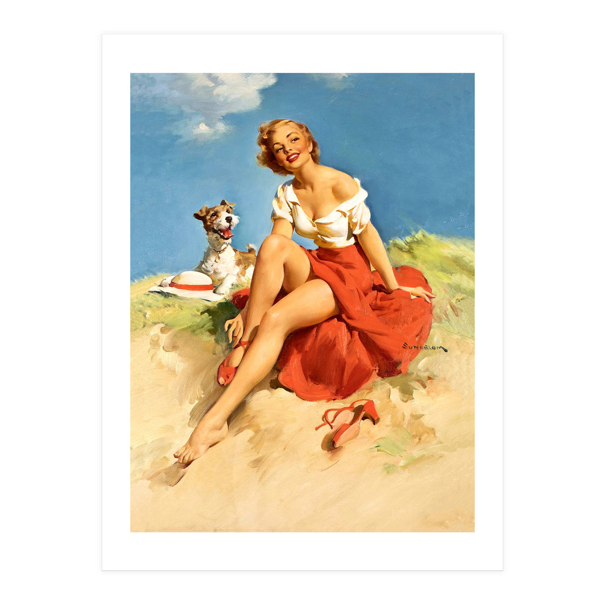 Sexy Pinup Girl On The Beach With Her Dog (Print Only)