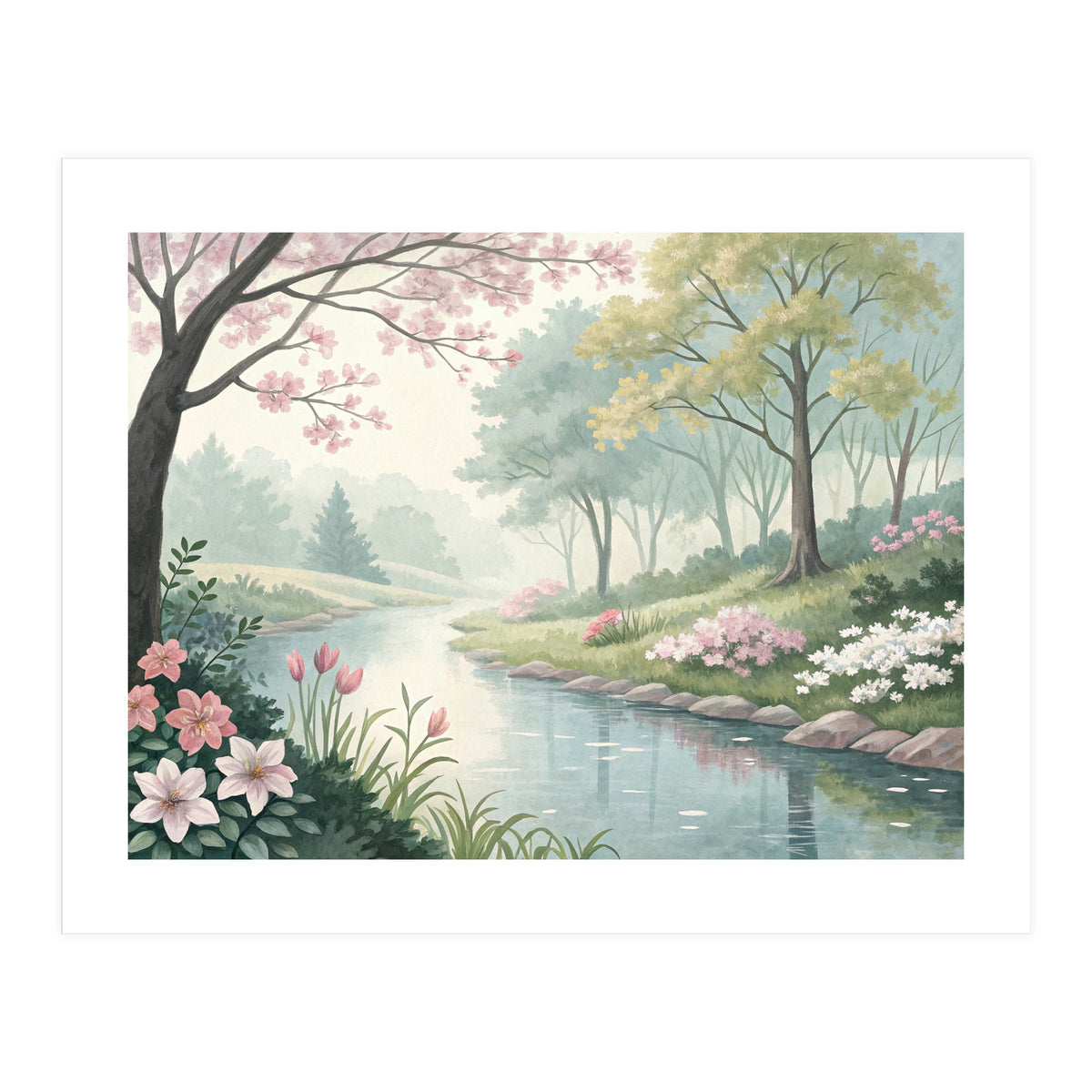 Springtime Blossoms: A Serene Garden Stream (Print Only)