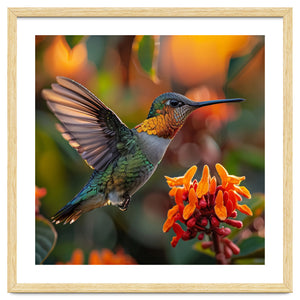 Hummingbird Hovering Near Orange Flowers by Rizwana Khan