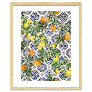 Blue Mediterranean tiles, lemons and oranges fruit by Bloomery Decor