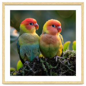 Lovebirds Couple Perched On Mossy Branch Sunlight by Rizwana Khan