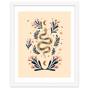 Snake And Flowers Beige And Indigo by Wackapacka