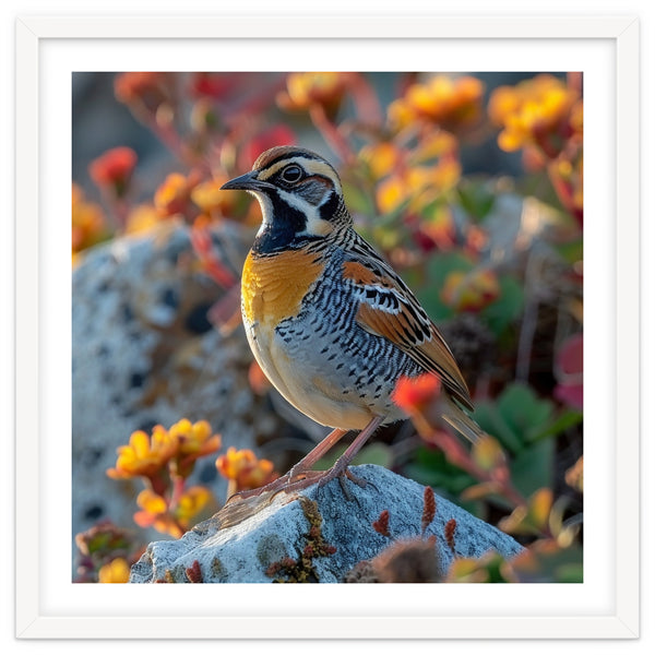 Bird Perched On A Rock With Flowers
