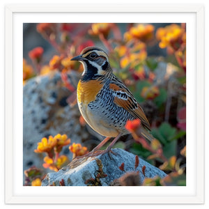 Bird Perched On A Rock With Flowers by Rizwana Khan