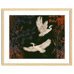 White Herons Flying Asian Art by heaventrain