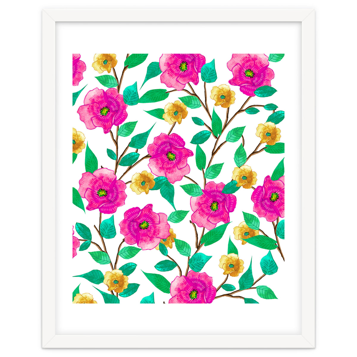 Floral Forever, Colorful Summer Garden Botanical Illustration, Pink Boho Vibrant Painting