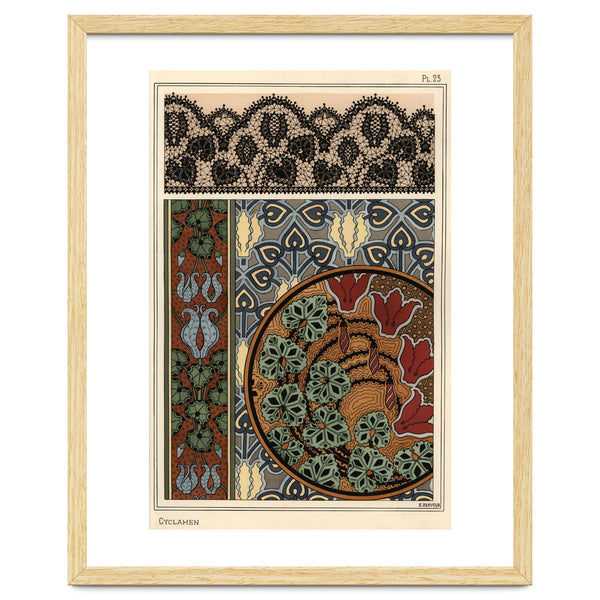 Cyclamen persicum motif in patterns for lace, wallpaper and fabric.