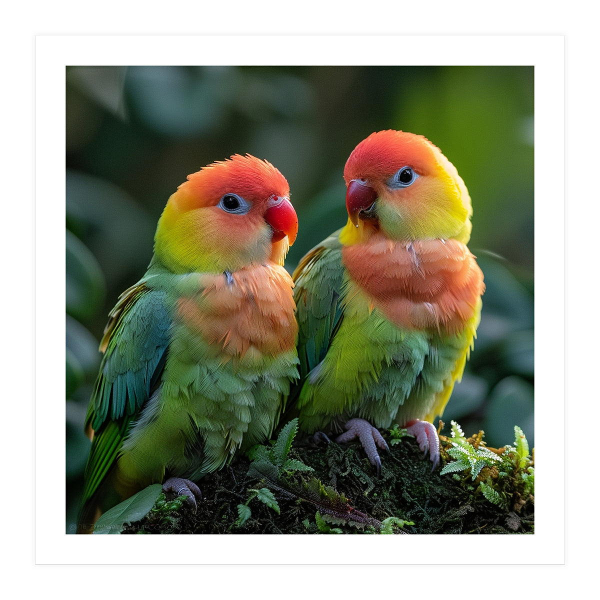 Lovebirds Perched Together On Mossy Branch (Print Only)