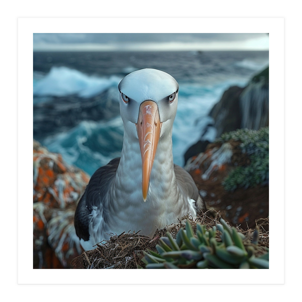 Black Browed Albatross Perched On Nest Near Ocean (Print Only)