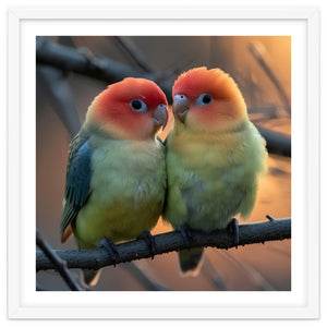 Two Lovebirds Perched On A Branch At Sunset by Rizwana Khan