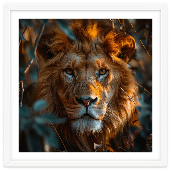 Close Up Majestic Lion Face Amidst Foliage