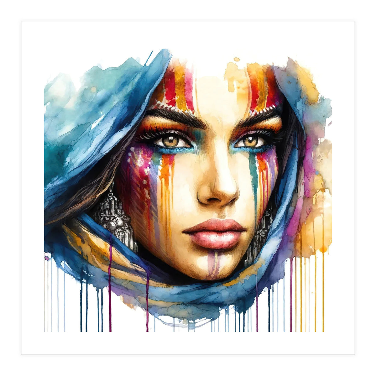 Vivid Warrior Spirit Watercolor Portrait (Print Only)