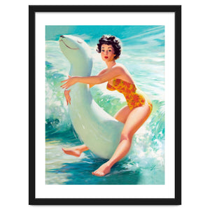Happy Pinup Girl On The Beach Hugging Her Rubber Toy by Hermes