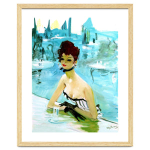 Pinup Girl In Cafe, Watercolor Painting by Hermes