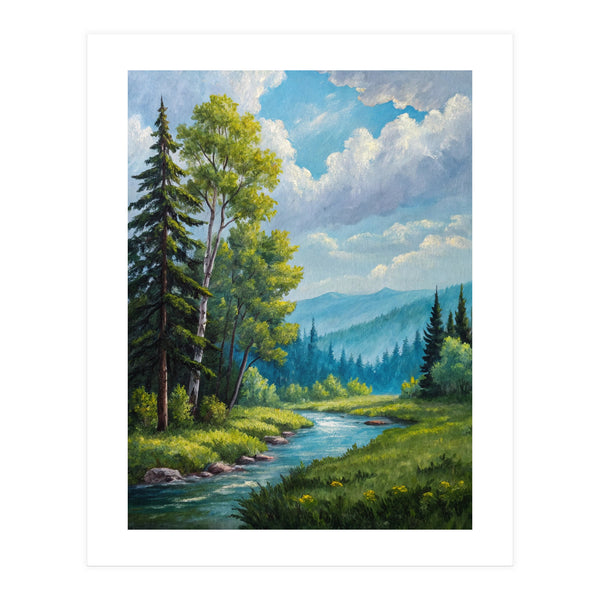 Serene Mountain River Landscape Oil Painting (Print Only)