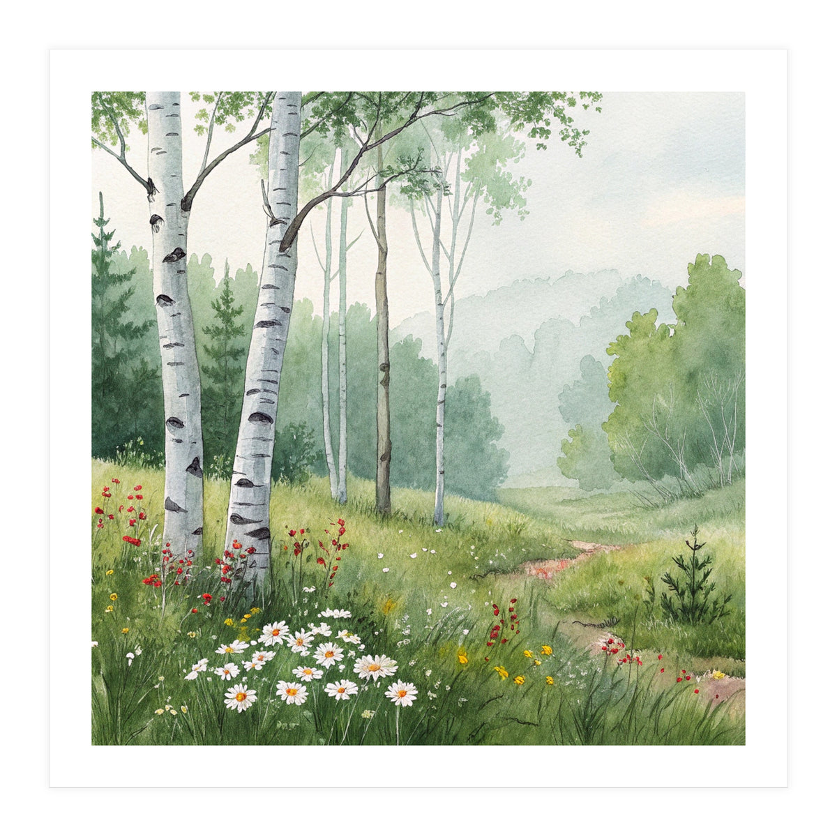 Birch Grove Serenity: A Meadow Wildflower Path (Print Only)