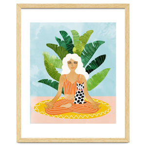 Meditation With Thy Cat Poster | Blonde Woman of Color | Tropical Banana Leaves Quirky Pet Workou by 83 Oranges