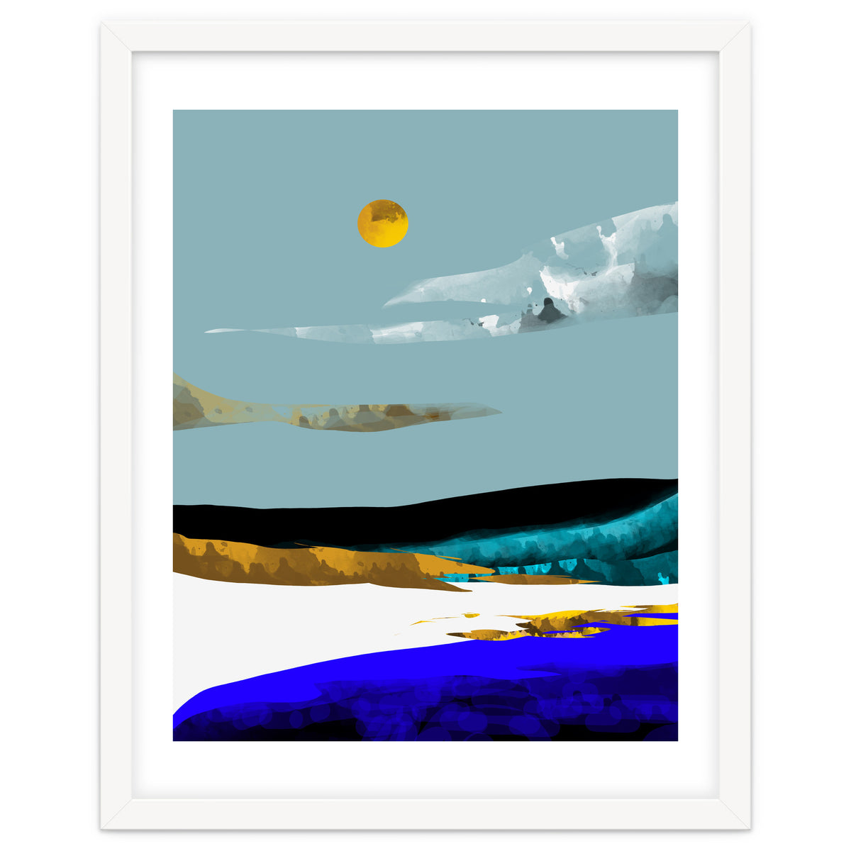 Duality & Intention, Abstract Nature Landscape Adventure Painting, Travel Mountains Sun Sky Scandinavian Clouds