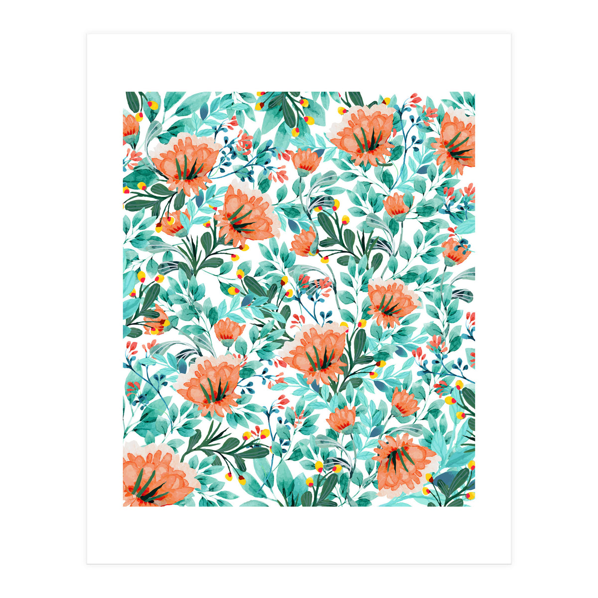 Tangerine Dreams, Orange & Mint Botanical Jungle Watercolor Painting, Colorful Plants Floral Summer (Print Only)