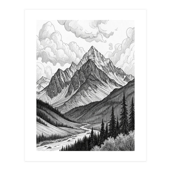 Majestic Alpine Mountain Range Sketch (Print Only)