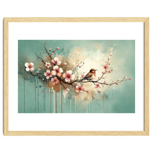 Bird Resting On Cherry Blossom Branch by Chromatic Fusion Studio