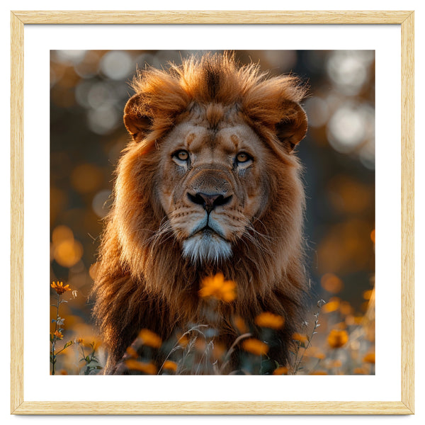 Majestic Lion Among Golden Flowers Close Up