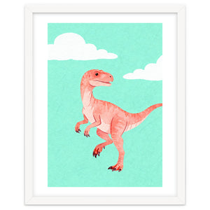 Velociraptor Watercolor Art, Cute Dino Nursery Print, Whimsical Dinosaur Illustration by neeteshdsgn
