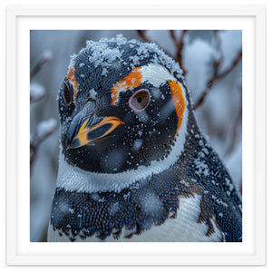 Penguin In Snow Falling Close Up Portrait by Rizwana Khan