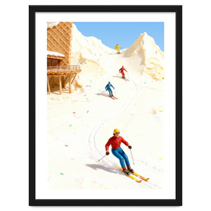 Skiing on Ice Cream Mountains, Miniature Skiers Winter Art Print for Kitchen Decor by neeteshdsgn