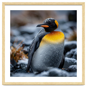 King Penguin In Snow With Water Droplets by Rizwana Khan