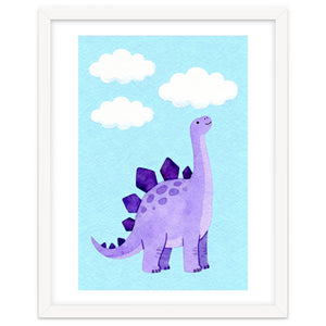 Purple Stegosaurus Watercolor Art, Cute Dinosaur Nursery Print, Dino and Clouds Illustration by neeteshdsgn