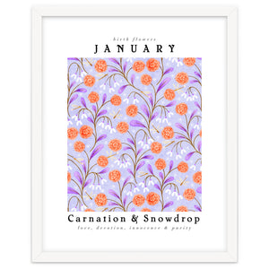 Carnations And Snowdrop January Birth Flower Floral Print by Rebecca Flaherty