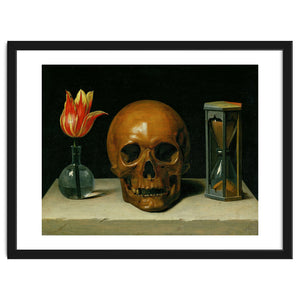 Vanitas, allegory of fleeting time with skull and hour-glass. Oil on canvas. by Album