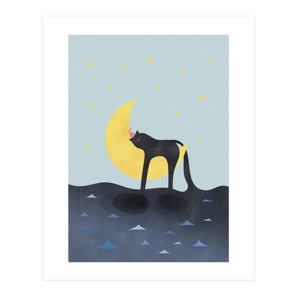 Beauty Sleep - Melting Cat on the crescent moon (Print Only)