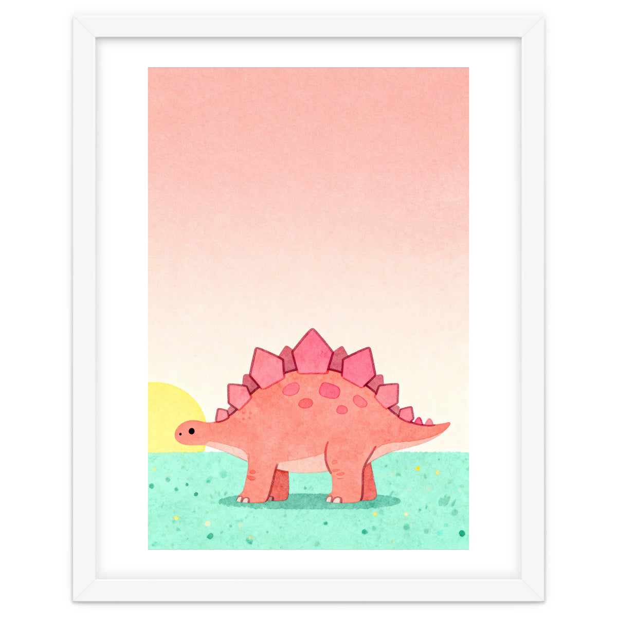 Stegosaurus Watercolor Art, Cute Dinosaur Nursery Print, Coral Dino Illustration