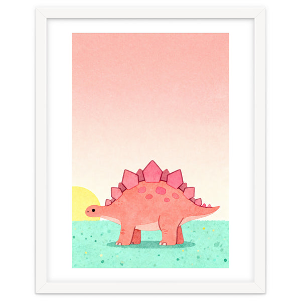 Stegosaurus Watercolor Art, Cute Dinosaur Nursery Print, Coral Dino Illustration