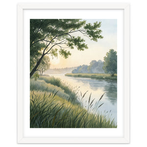 Serene River Sunrise Watercolor Painting with Meadow Grasses and Warm Golden Atmosphere Landscape by artistic