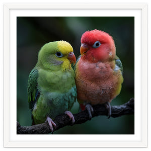 Two Lovebirds Sitting Together On A Branch by Rizwana Khan