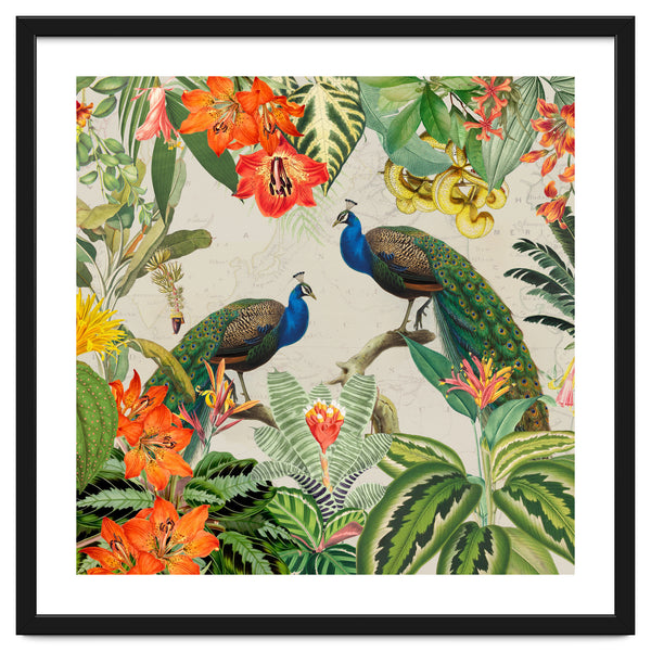 Vintage Exotic Asian Peacocks In Tropical Colorful Jungle Landscape