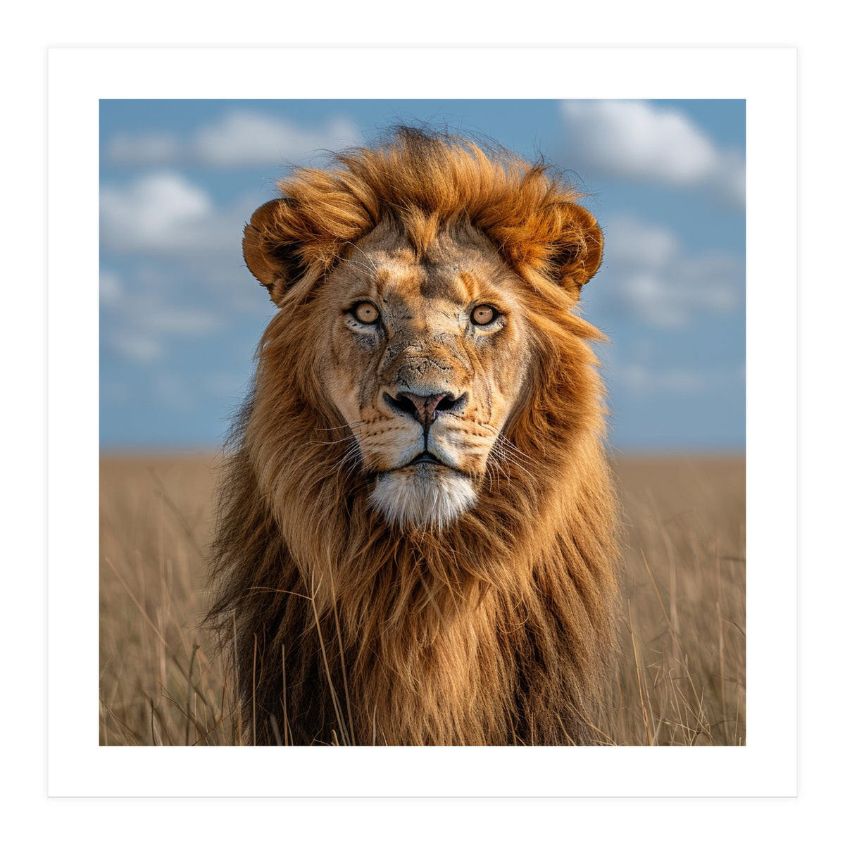 Majestic Lion In African Savanna Under Blue Sky (Print Only)