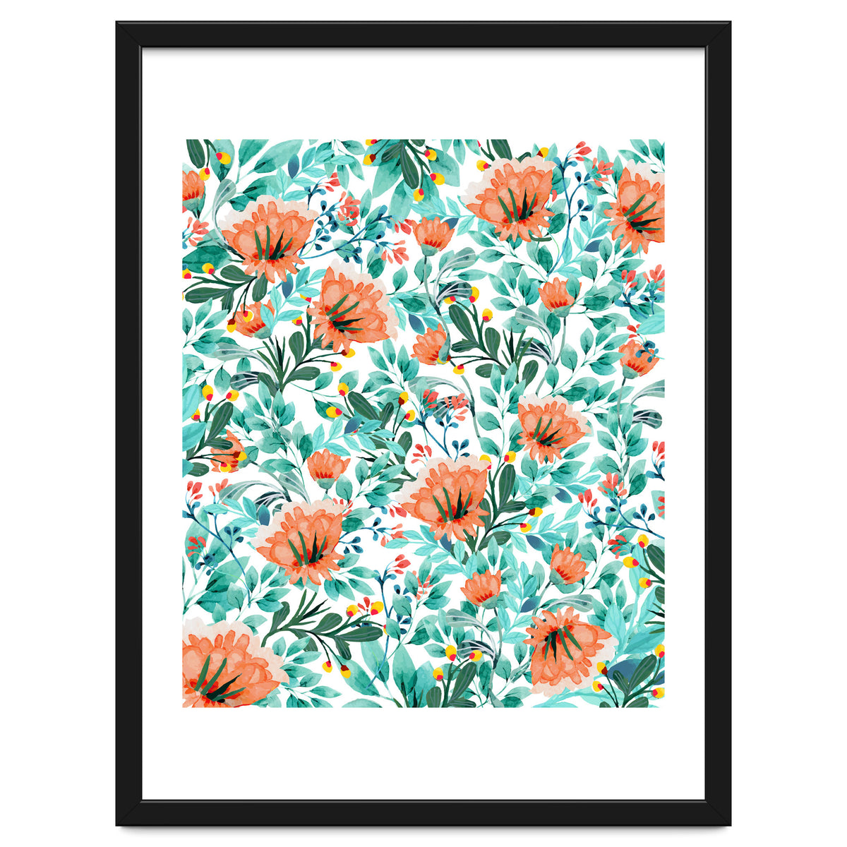 Tangerine Dreams, Orange & Mint Botanical Jungle Watercolor Painting, Colorful Plants Floral Summer